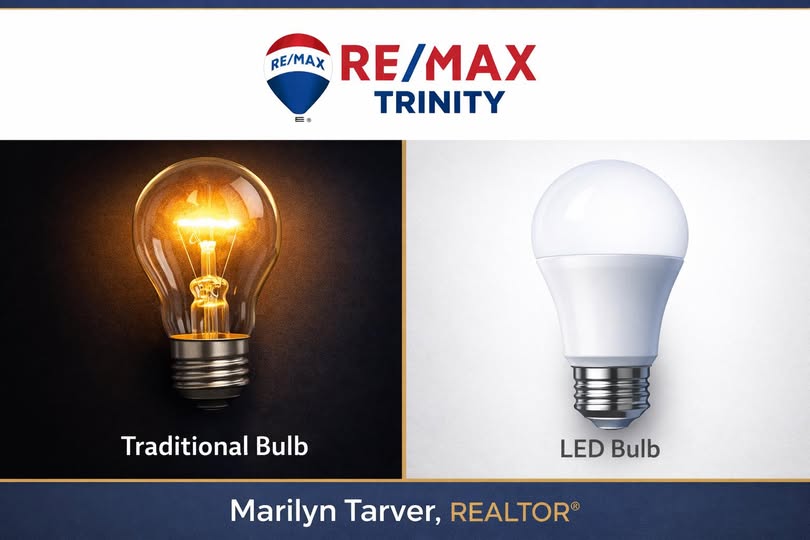 May be an image of lighting and text that says 'RE/MAX RE/MAX RE TRINITY Traditional Bulb LEDBulb LED Bulb Marilyn Tarver, MarilynTarver.REAITOP REALTOR'